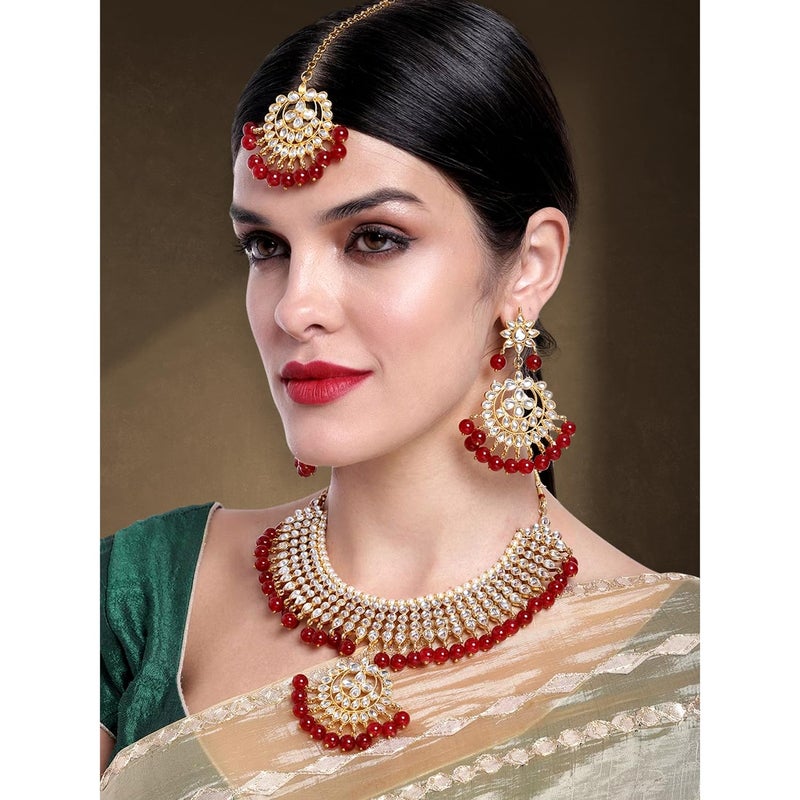 Aheli Faux Kundan Beaded Necklace with Earrings & Maang Tikka Indian Bollywood Ethnic Jewelry Set for Women - Image 2